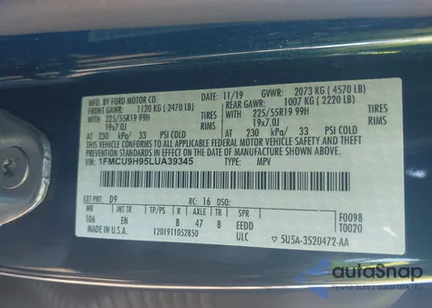 2020 Ford Escape Sel z USA, uszkodzony, nr VIN 1FMCU9H95LUA39345